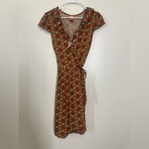 Matilda Jane Green and Red Patterned Midi Wrap Dress Size Medium EUC Ruffle